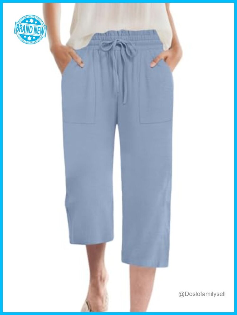 Wide Leg High Waisted Capri Pants with Pockets Lightweight Chiffon Drawstring